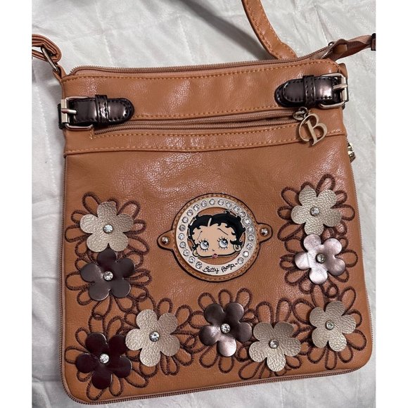 Betty Boop Crossbody Leather Purse Camel Colored Messenger Bag - Picture 1 of 5